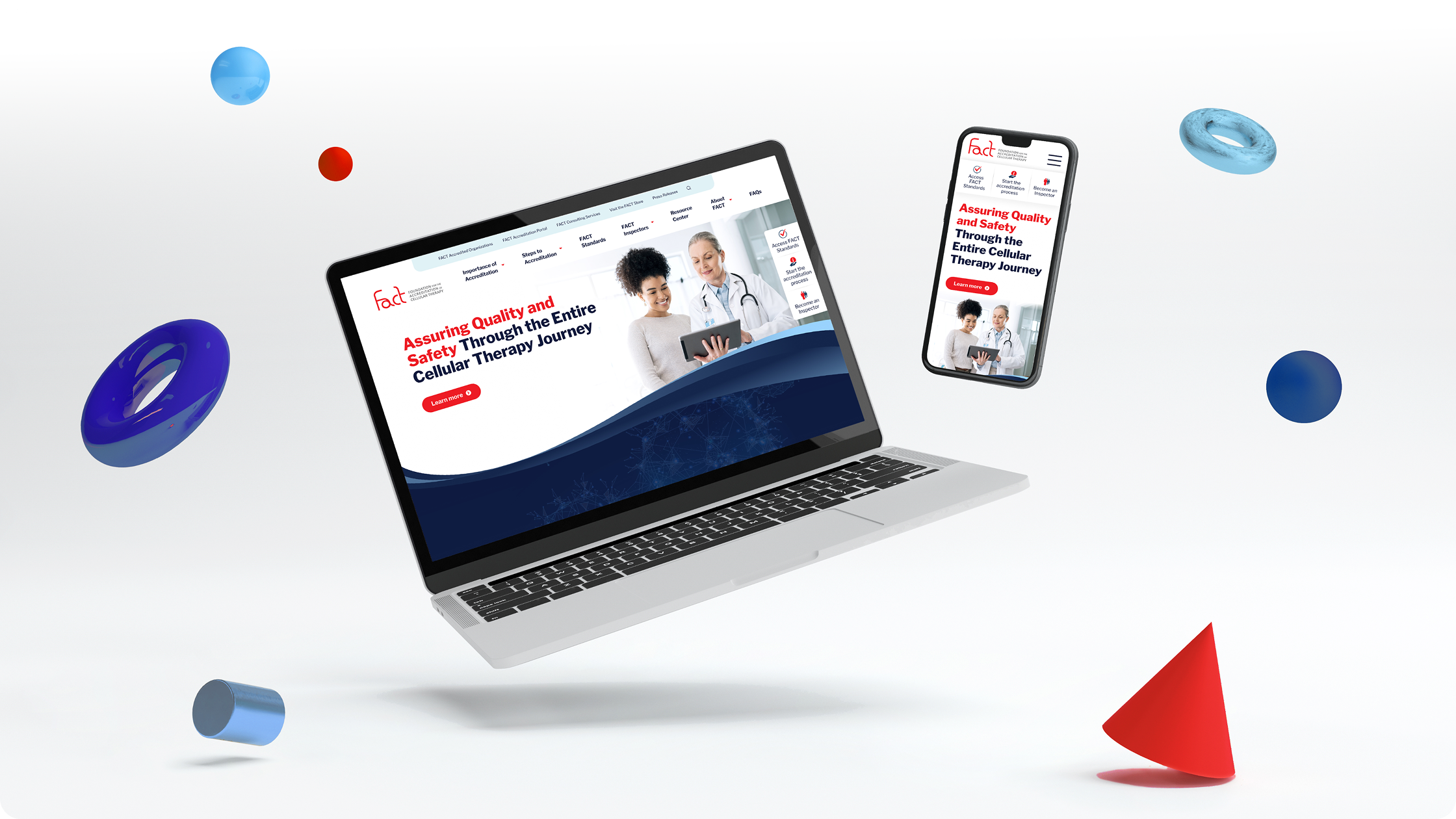 New FACT website preview on laptop and mobile devices with floating geometric shapes